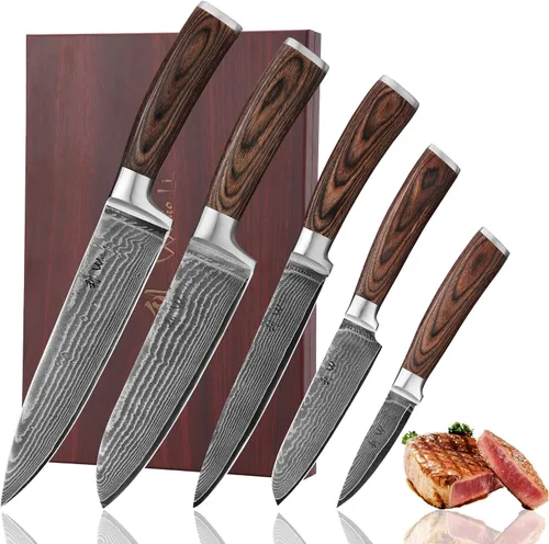 Miniatura 13 de Wakoli EDIB Juego de cuchillos de cocina de Damasco de 3 piezas en caja de regalo de madera, juego de cuchillos afilados hechos de acero de Damasco