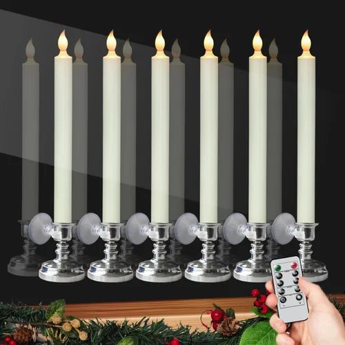 Velas de Ventana Sin Llama con Control Remoto y Temporizador, Velas LED Cónicas Operadas por Batería con Ventosas Juego de 6 Velas de Ventana de A-6