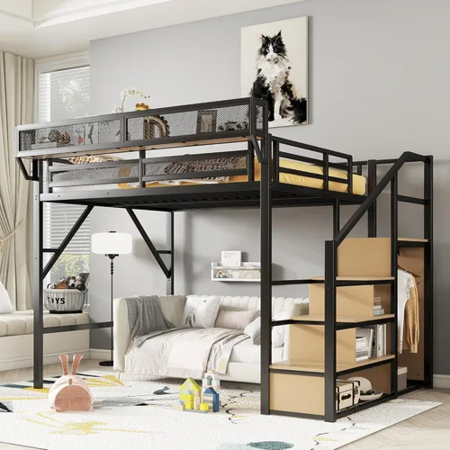 Miniatura 15 de KEIKI Base de cama de metal tamaño individual con escalera convertible, estantes de almacenamiento integrados y armario, cama alta con listones
