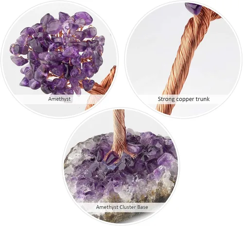 Miniatura 2 de Amogeeli Árbol de dinero de cobre con cristal curativo con base de racimo de amatista cruda, piedra zen bonsái para decoración del hogar