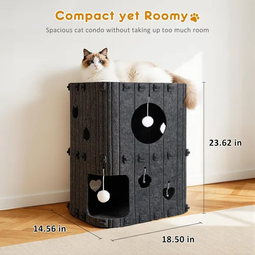 Miniatura 4 de Casa para gatos de interior – Cueva cerrada de 2 pisos para gatos múltiples y grandes, cubierta de fieltro para mascotas, túnel de condominio, cubo