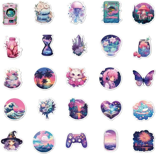 Miniatura 3 de 50 calcomanías de fantasía mágica de medianoche – Calcomanías Kawaii para botellas de agua para niños y adolescentes – Púrpura, estética y bonita