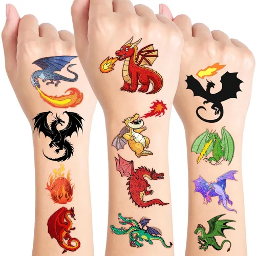 96 piezas de tatuajes temporales precortados de dragón, suministros de fiesta de cumpleaños, decoraciones de caballero dragón, tatuajes falsos súper