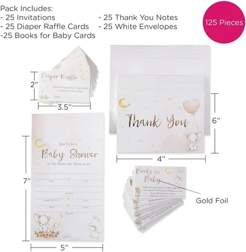 Miniatura 6 de Kate Aspen Paquete de invitación y tarjeta de agradecimiento para baby shower de elefante, color rosa (juego de 25), talla única Elefante rosado