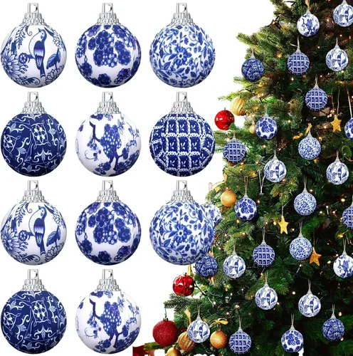 Miniatura 8 de Preboun 12 adornos de bola Chinoiserie de Navidad azules y blancos, decoración de árbol Chinoiserie, adornos colgantes de árbol de Navidad