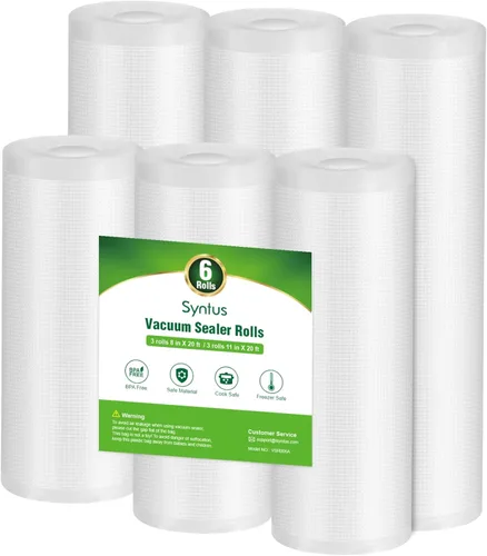 Syntus Bolsas selladoras al vacío, paquete de 6 rollos de 3 rollos de 11 pulgadas x 20 pies y 3 rollos de 8 x 20 pies de grado comercial sin BPA,