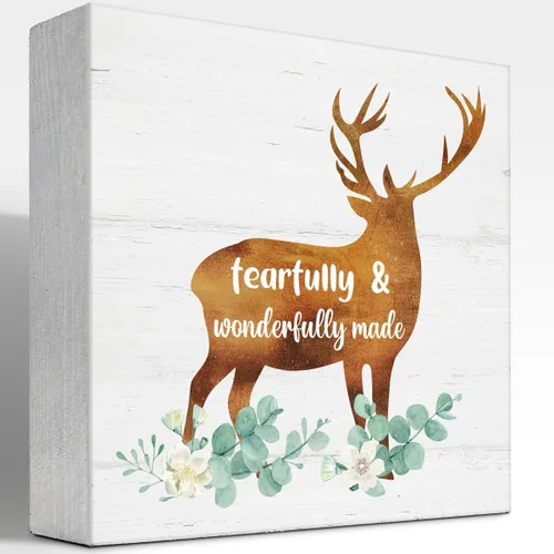 Fearfully and Wonderfully Made - Letrero de madera cristiana para escritorio, decoración de escritorio de ciervos del bosque, caja de madera, placa