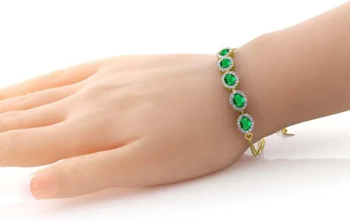 Miniatura 2 de Gem Stone King Pulsera de tenis de esmeralda simulada chapada en oro amarillo de 18 quilates para mujer