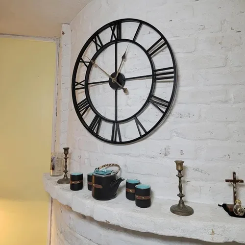 Miniatura 8 de Reloj de pared grande de 20 pulgadas para decoración del hogar para sala de estar, relojes de arte de hierro sin tictac, números romanos, metal Negro