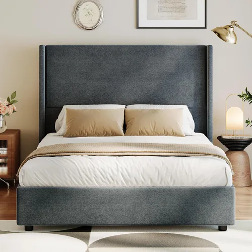 Base de cama tamaño Queen con plataforma tapizada de tela de lino con cabecera de 55.51 pulgadas de alto con respaldo de alas y soporte de listones