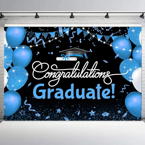 Miniatura 7 de Telón de fondo de graduación de 5 x 3 pies para sesión de fotos, globos negros y dorados, felicitaciones, graduados, clase de 2025, felicitaciones
