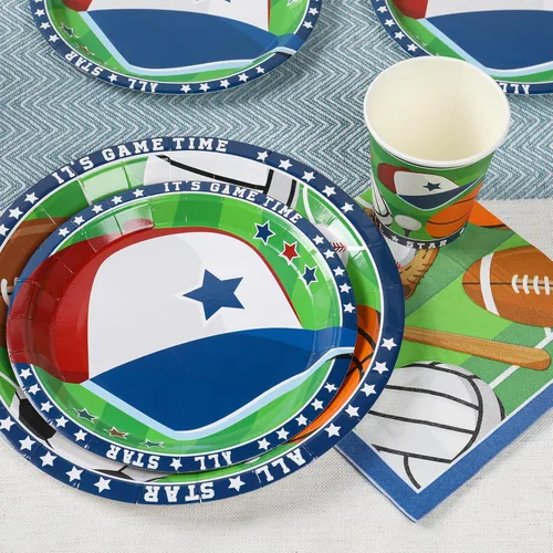 Miniatura 5 de Decoraciones de fiesta temática deportiva (sirve 24) platos llanos, platos de postre, vasos, servilletas. Decoraciones deportivas para baby shower