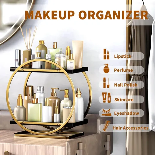 Miniatura 6 de Organizador de Maquillaje para Tocador, Organizador de Perfumes Negro Dorado para Cómoda, Organizadores de Encimera de Baño de 2 Niveles, Estante