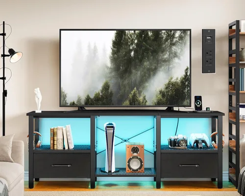 Soporte de TV para TV de 55 pulgadas, centro de entretenimiento LED con cajones de tela y tomas de corriente, consola industrial moderna para sala