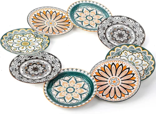 Foraineam 8 platos de ensalada, platos de postre florales de porcelana de 8.5 pulgadas, coloridos juegos de platos redondos para almuerzo, ensalada,