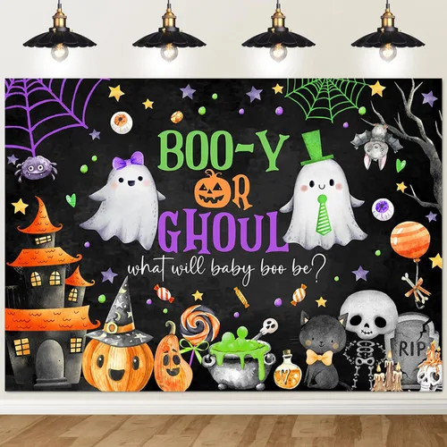 Avezano Decoración de fiesta de revelación de género para Halloween, decoración de fiesta de revelación de género o Ghoul Will Baby Boo Be (7 x 5