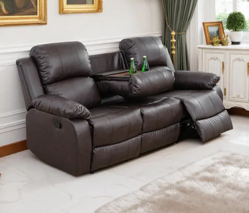 Miniatura 32 de Sofá reclinable manual moderno, sofá reclinable de cuero de 3 plazas, sofá reclinable de sala de estar, sofá con portavasos y mesa abatible