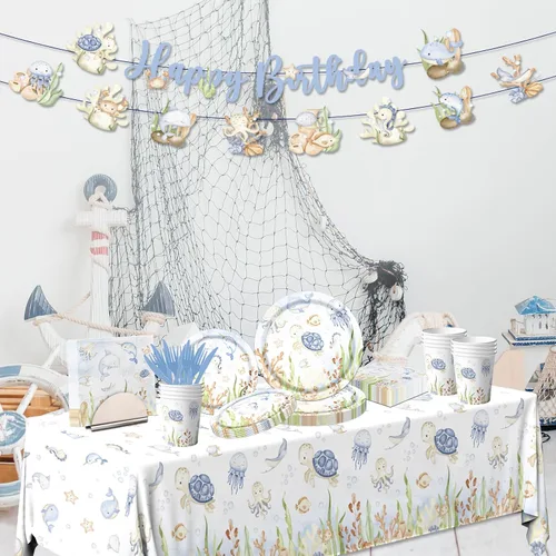 Miniatura 2 de Vajilla de cumpleaños bajo el mar, decoración de fiesta temática bajo el mar, suministros de fiesta de baby shower, mantel, platos, servilletas