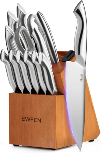 Juego de cuchillos, EWFEN - Juego de 14 piezas de cuchillos de cocina con bloque, cuchillos de acero inoxidable alemán con afilador de cuchillos