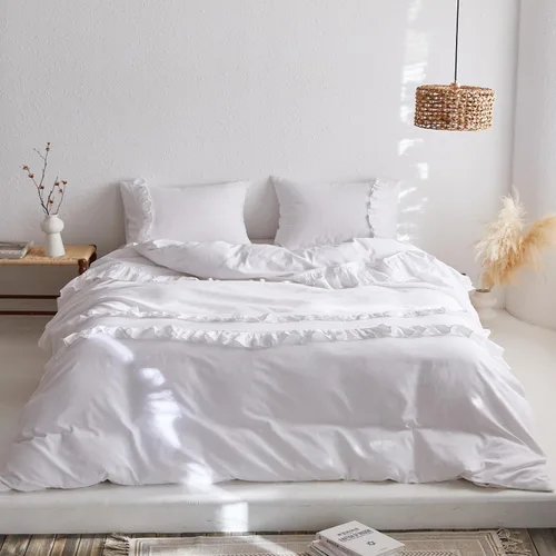 Miniatura 17 de Simple&Opulence Juego de funda de edredón de algodón de lino con volantes, 3 piezas, ropa de cama con textura suave con bordes decorativos