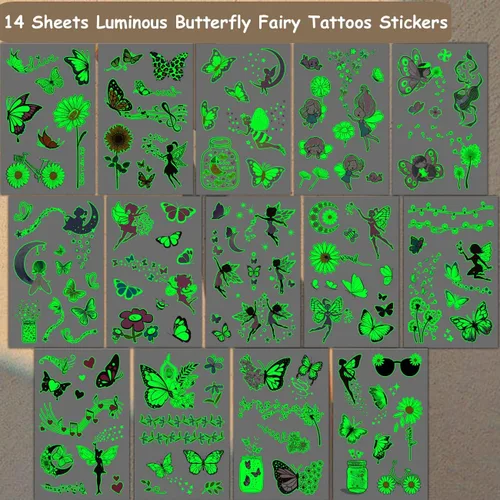Miniatura 3 de CHARLENT Tatuajes de mariposa luminosos para niños, 14 hojas que brillan en la oscuridad, tatuajes temporales de hadas de mariposa para niñas