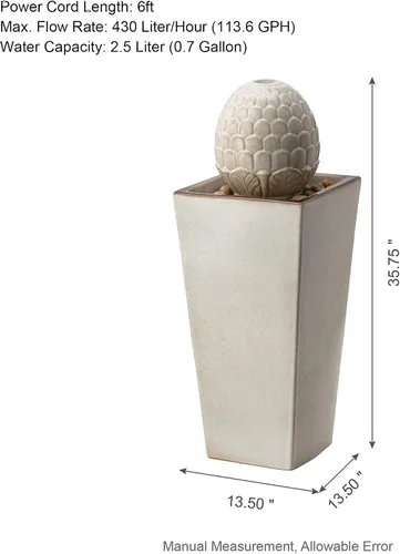 Miniatura 3 de Glitzhome Fuente de agua de cerámica para exteriores con luz LED, fuentes de agua con pedestal de alcachofa extragrande con bomba sumergible, fuente