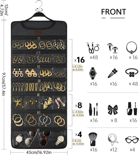 Miniatura 7 de SMRITI Organizador de joyas colgante con bolsillos dobles con cremallera, lona de doble cara giratoria para colgar collares, organizador de pared