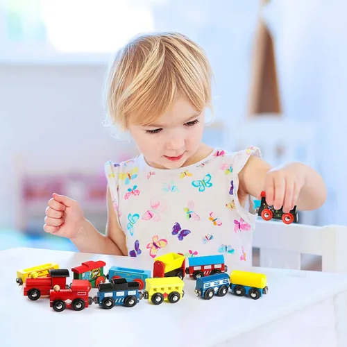 Miniatura 8 de Wondertoys Juego de 12 trenes magnéticos de madera, incluye 3 motores y bolsa de almacenamiento, juego de tren de madera para niños pequeños