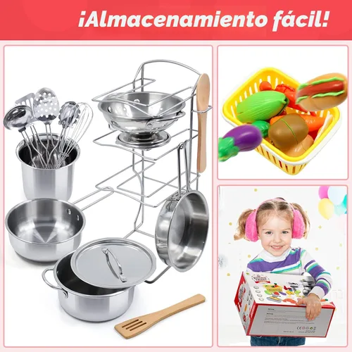 Miniatura 8 de Juego de accesorios de cocina para niños, juego de 32 artículos de ollas y sartenes de acero inoxidable con organizador de estante, utensilios
