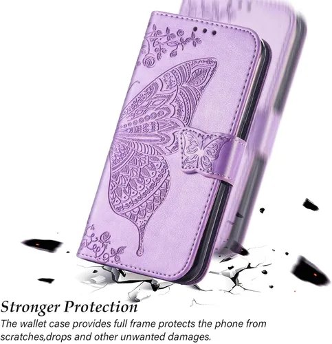 Miniatura 5 de Funda para teléfono Galaxy A14 5G, cartera con tapa para mujer, de piel sintética en relieve de mariposa con tarjeteros de crédito, correa de Lavanda