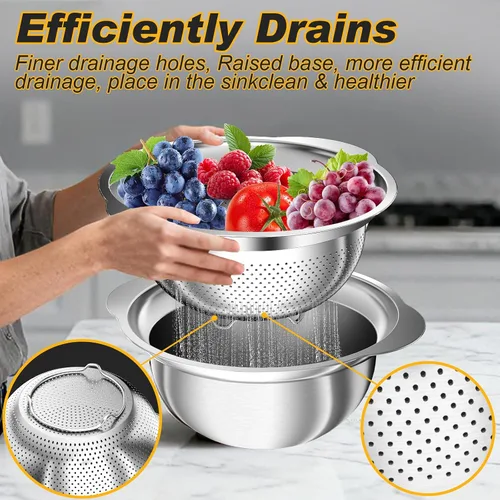 Miniatura 3 de Colador, colador de acero inoxidable con cuencos para mezclar (3.5 cuartos de galón), 3 coladores para utensilios de cocina, cesta de colador