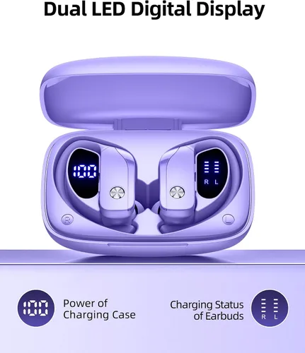 Miniatura 3 de bmanl Auriculares inalámbricos Bluetooth con ganchos para las orejas con tiempo de reproducción de 80 horas, pantalla de alimentación LED, llamadas