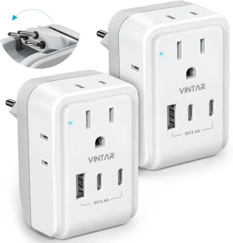 Miniatura 9 de Paquete de 2 adaptadores de enchufe de viaje europeo, VINTAR Adaptador de alimentación internacional plegable con 4 tomas de corriente AC, 3 puertos