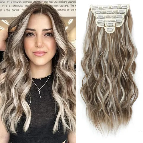 Miniatura 10 de Fliace Extensiones de cabello con clip para mujer, extensiones de cabello ondulado largo de color marrón medio, extensiones de cabello sintético