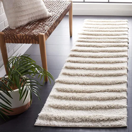 SAFAVIEH Hi-Lo Shag Collection - Alfombra para pasillo, 2 pies 2 pulgadas x 8 pies, color beige, diseño moderno a rayas, no desprende pelusa y de