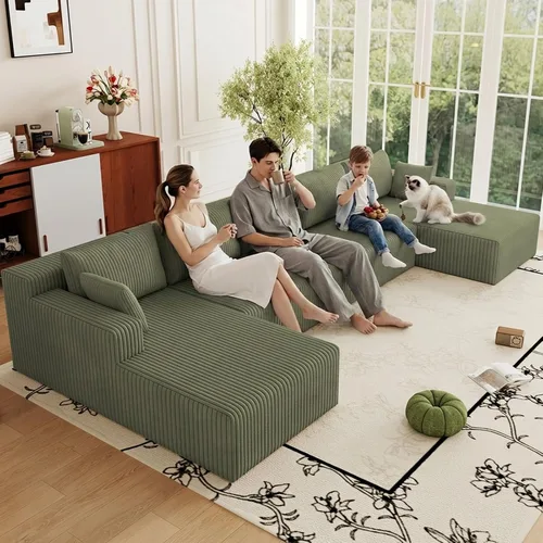 Miniatura 88 de Sofá modular de 95 pulgadas con otomana, moderno sofá nube de pana con asiento profundo, sofá sin hueso tapizado de 3 plazas en forma de U para sala