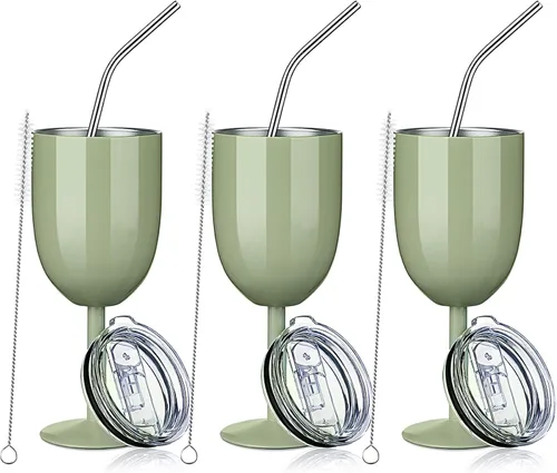 Miniatura 9 de Geiserailie - Paquete de 3 copas de vino de acero inoxidable de 10 onzas con tapa y pajilla, vaso de vino con aislamiento de doble pared con cepillo