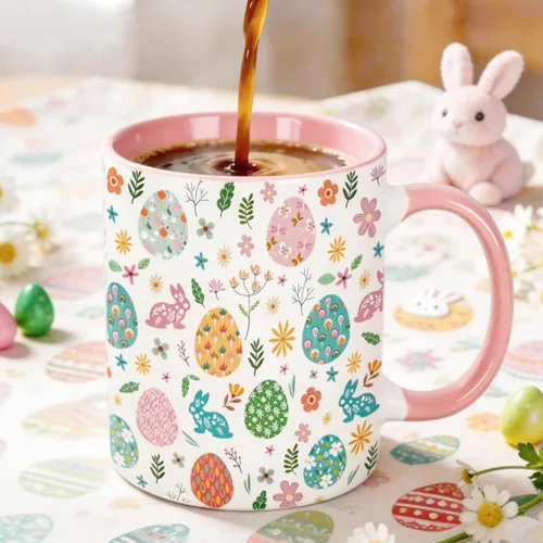 JarThenaAMCS Taza de té de cerámica con diseño de conejo y huevo de Pascua, taza de café rosa para fiesta de primavera, hogar, escuela, oficina,