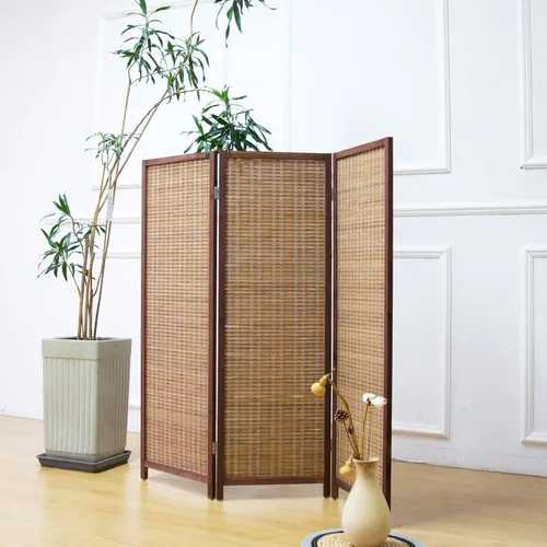 Miniatura 9 de Furnnylane Pantalla divisora corta de habitación de 3 paneles, partición independiente beige, pequeño divisor de panel de bambú para separación