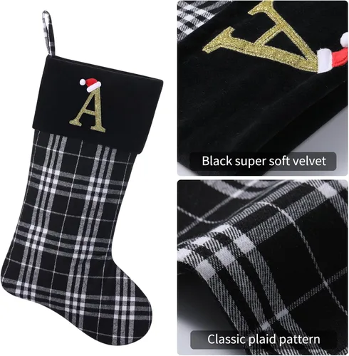 Miniatura 3 de Calcetines de Navidad personalizados con monograma inicial, adornos colgantes, medias clásicas de cuadros negros de 19 pulgadas, decoraciones