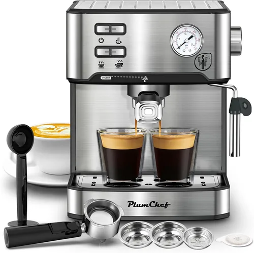 Miniatura 11 de Plum chef Máquina de café espresso profesional de 20 bar con espumador de leche, doble disparo, compatible con cápsulas ESE, tanque de agua