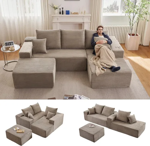 Miniatura 17 de Sofá modular Cloud de 95 pulgadas con otomana, moderno sofá nube en forma de U con asiento profundo, cómodo sofá de pana de 3 plazas, sofá de espuma
