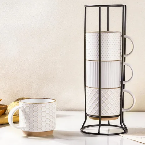 Miniatura 9 de GBhome Tazas de café apilables de 6 onzas, tazas de café de cerámica con patrones de textura para hombre, mujer, papá, mamá, juego de 4 tazas