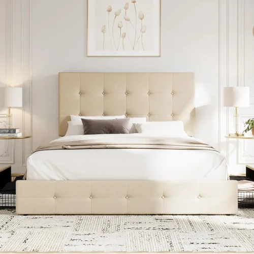 Miniatura 3 de Allewie - Base de cama tapizada de tamaño Full con plataforma, con 4 cajones de almacenamiento y cabecera, diseño cosido en cuadrados con botones