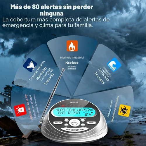Miniatura 5 de NOAA Weather Radio-S.A.M.E. Programación localizada, radio de alerta meteorológica con más de 80 alertas de emergencia, reloj despertador, radio