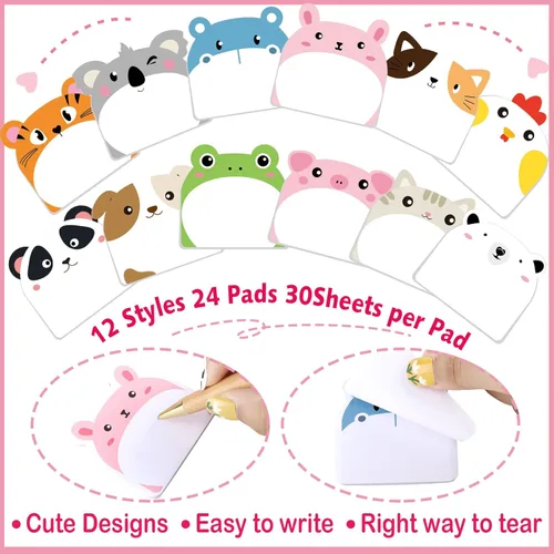 Miniatura 3 de Yinder 24 blocs de notas adhesivas divertidas Kawaii de animales, notas adhesivas de dibujos animados a granel, regalo autoadhesivo para San