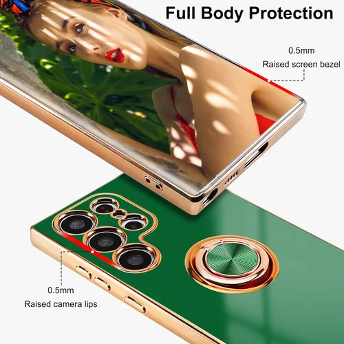 Miniatura 5 de Funda para Samsung Galaxy S23 Ultra 5G, soporte de anillo de rotación de 360° incorporado, soporte magnético, borde chapado brillante de lujo, Verde