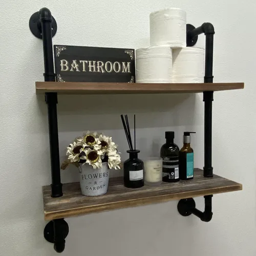 Miniatura 14 de HDDFER - Estantería industrial para tuberías rústicas en blanco, estantes de pared de tubería industrial con tablas de madera, estantes flotantes