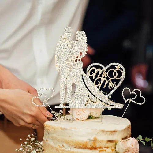 Miniatura 4 de Paquete de 3 decoraciones de tarta de boda Sr. y Sra. con strass, decoración de tarta de boda de metal, decoración de tarta de boda de cristal