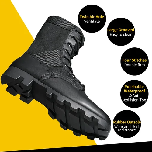 Miniatura 10 de Botas militares de WIDEWAY para hombres, botas de combate de jungla tácticas de cuero resistente al deslizamiento, negras, para hombres, todo